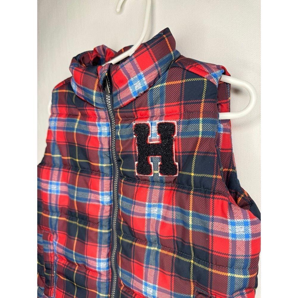 Tommy Hilfiger Red Navy Plaid Puffer Vest with H Patch - Picture 2 of 5